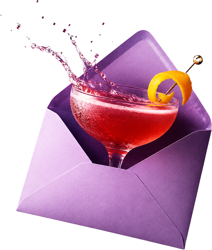 A red cocktail with a citrus zest in a violet envelope.